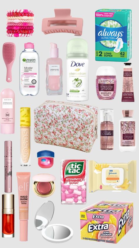 My emergency girl bag Emergency Bag List, What To Put In Your Emergency Kit, Girls Emergency Bag, Period Bag For School, Emergency Bag For School, High School Essentials, Period Bag, Schul Survival Kits, Middle School Essentials