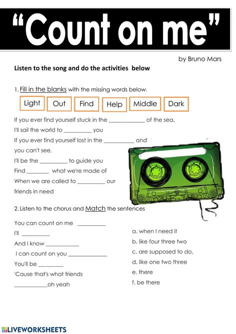 Count On Me Lyrics, Count On Me Bruno Mars, Lyrics Worksheet, Esl Worksheets For Beginners, Listening Song, Song Worksheet, Listening English, Listening Activities, Teacher Motivation