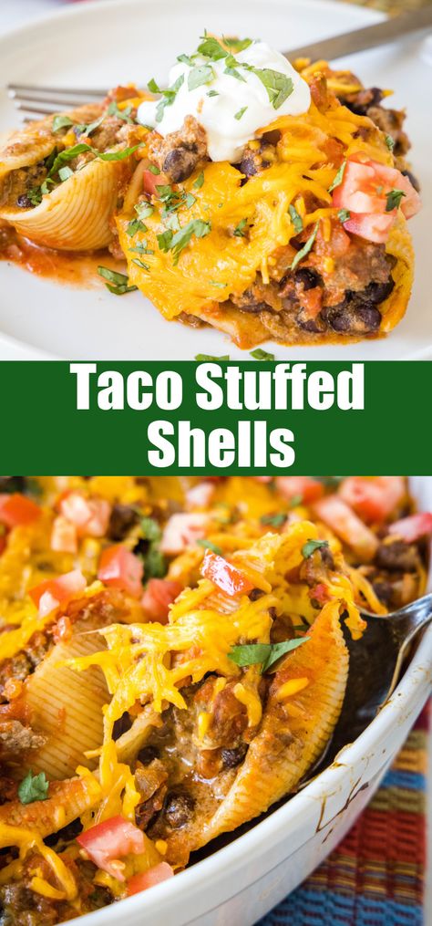 Cheesy taco stuffed shells are an easy Tex-Mex dinner made from jumbo pasta shells filled with creamy taco beef, salsa, and melty cheese. Pioneer Woman Stuffed Shells, Mexican Stuffed Shells With Beef, Stuffed Taco Pasta Shells, Stuffed Taco Shells, Jumbo Shell Recipes, Shell Recipes, Mexican Stuffed Shells, Taco Shell Recipe, Taco Beef