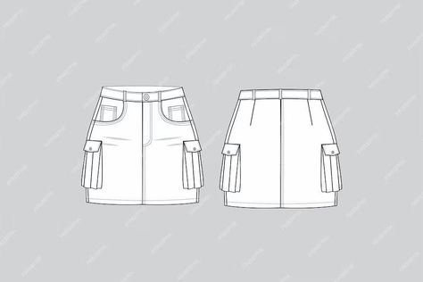 Cargo Skirt Flat Sketch, Mini Skirt Design Sketch, Cargo Skirt Technical Drawing, Cargo Skirt Drawing, Mini Skirt Sketch, Cargo Skirt Outfits Women, Fashion Illustration Skirt, Technical Drawing Skirt, Mini Skirt Drawing