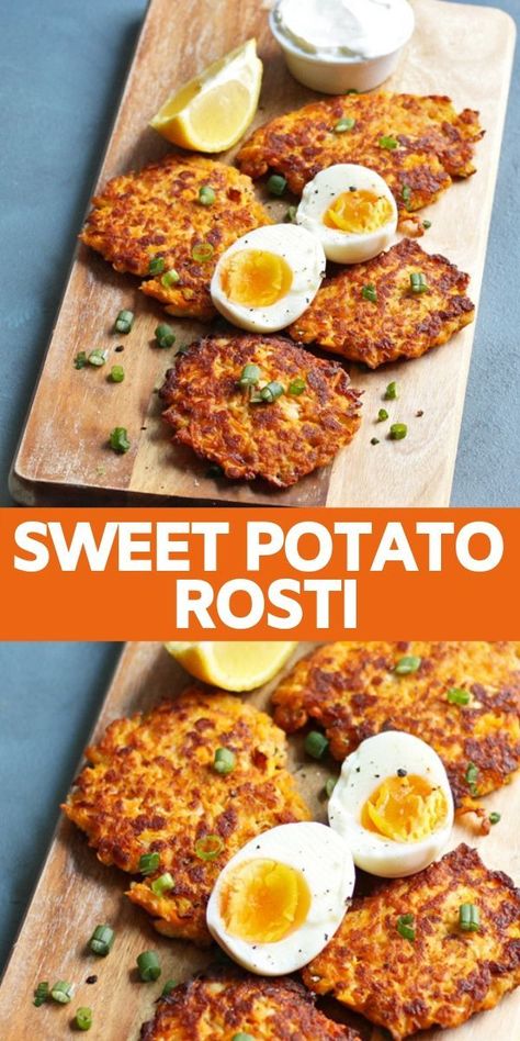 Potato Rosti Recipe, Mashed Sweet Potatoes Healthy, Sweet Potato Rosti, Rosti Recipe, Easy Weekend Breakfast, Easy Sweet Potato Recipes, Eggs And Avocado, Eggs And Sweet Potato, Potato Rosti