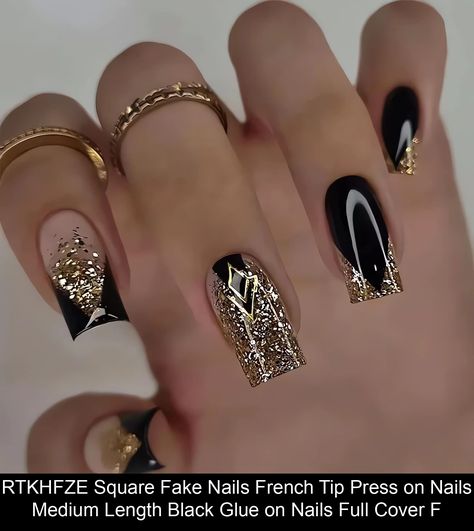 Ballerina Nails Black Design, Great Gatsby Nails Designs, Black Nails Medium Length, Nail Designs Black And Gold, Black Graduation Nails, Roaring 20s Nails, Nail Art Black And Gold, Black Nails With Gold Glitter, Gold Nails French