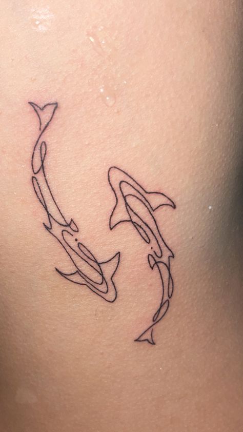 Shark Breaching Tattoo, 2 Sharks Tattoo, Spine Tattoo Ocean Theme, Whale Shark Spine Tattoo, Shark Spine Tattoos For Women, Belize Tattoo Ideas, Shark And Stingray Tattoo, Simple Shark Tattoos For Women, Minimal Shark Tattoo