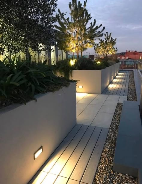 Rooftop Garden Lighting, Roof Garden Lighting Design, Roof Terrace Lighting Ideas, Rooftop Terrace Lighting, Rooftop Lighting Ideas, Terrace Lighting Ideas, Planter Lights, Roof Garden Hotel, Terrace Lighting