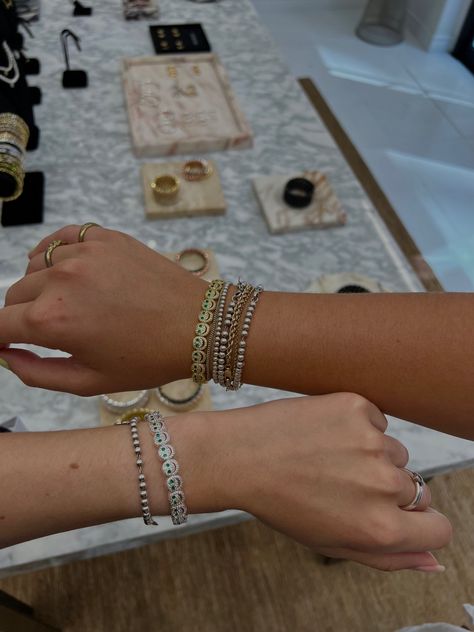 Smiley Bracelet Gold, Bracelet Stack Ideas Gold And Silver, Lisa Gozlan Jewelry, Lisa Gozlan Stack, Bracelet Stack Silver And Gold, Liza Gozlan Bracelets, Gold Friendship Bracelets, Lisa Gozlan Bracelets, Gold And Silver Bracelet Stack