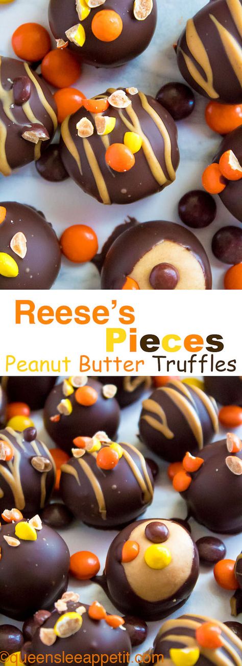 Reese's Pieces Peanut Butter Truffles ~ Recipe | Queenslee Appétit Reeces Pieces Peanut Butter Ball, Creamy Peanut Butter Balls, Easy Delicious Desserts, Reese's Recipes, Melted Peanut Butter, Bark Candy, Tiny Bites, Truffle Recipes, Homemade Truffles