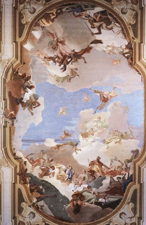 GIAMBATTISTS TIEPOLO: Apotheosis of the Pisano Family. 1761-1762, Villa Pisani, Stra, Italy. the last of the great Venetian decorators, the purest exponent of the Italian Rococo, and arguably the greatest painter of the 18th century. Giovanni Battista Tiepolo, Ceiling Painting, Baroque Painting, Rennaissance Art, Web Gallery, Baroque Art, Old Paintings, Aesthetic Painting, The Ceiling