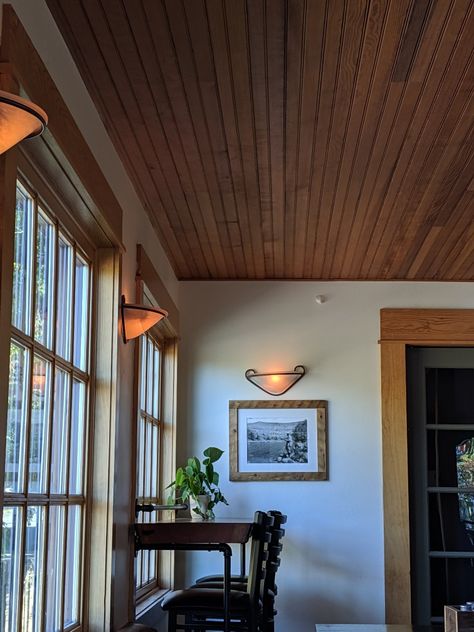 Cabin Beadboard Walls, Wooden Beadboard Ceiling, Wood Panel Ceiling Office, Dark Wooden Ceiling, Natural Wood Beadboard Walls, Wood Slat Ceiling Bedroom, Dark Beadboard Ceiling, Natural Beadboard Walls, Bead Board Ceiling Living Room