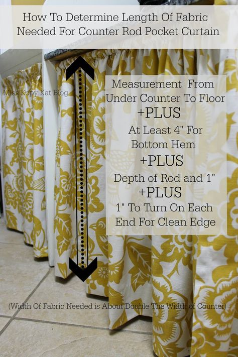 Miss Kopy Kat blog: How to measure fabric for under-counter curtains and how to sew them Under Counter Curtain Diy, Under Counter Curtains, Counter Curtains, Cabinet Curtains, Kitchen Decor Tiles, Industrial Decor Kitchen, Counter Ideas, Homemade Curtains, Classroom Style