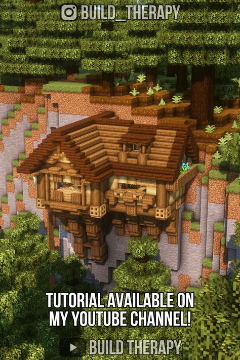 Minecraft Houses With Porches, In Ground Minecraft House, House In Cliff Minecraft, Minecraft House Hanging, Cliff House Minecraft Aesthetic, Hole In Mountain House Minecraft, Minecraft House On A Cliff, Minecraft Houses On Cliffs, House Hanging Off Cliff Minecraft