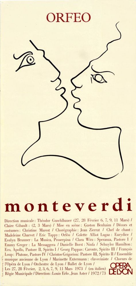 Orfeo Claudio Monteverdi Opera 1972 - original vintage advertising poster for the opera Orfeo written in 1607 by the notable Italian composer and priest Claudio Monteverdi performed at the Opera De Lyon listed on AntikBar.co.uk Two People Facing Each Other, Eurydice Hades, People Facing Each Other, Claudio Monteverdi, Advertising Posters, Vintage Advertising Posters, The Descent, Propaganda Posters, The Opera