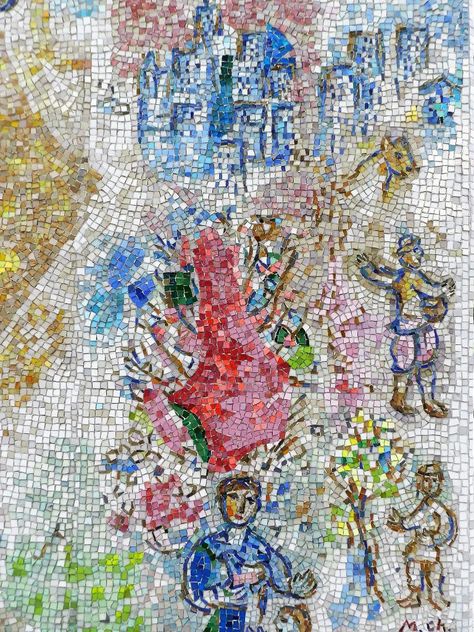 Mosaics in Chicago: Marc Chagall's Four Seasons mosaic_ cityscape detail. Mark Chagall, Chagall Paintings, Mosaic Mural, Tile Mosaics, City Scape, Mosaic Murals, Marc Chagall, Glass Tile, Mosaic Art