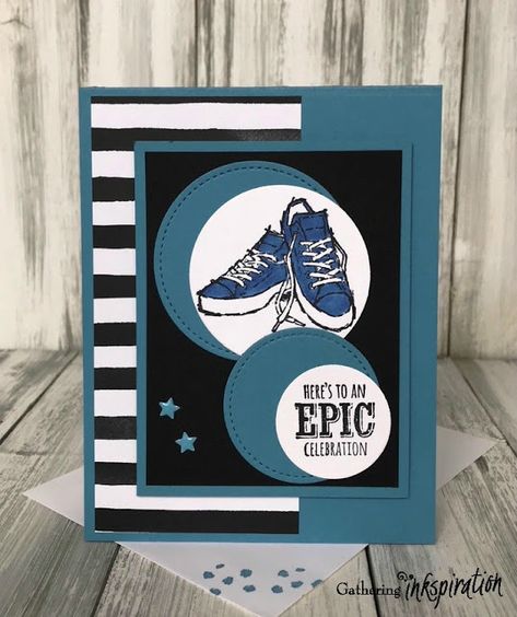 Epic Celebrations Birthday Card, learn to stamp, handmade card, handmade birthday card, sneakers, tennis shoes, black & white stripe, hand stamped, demonstrator, paper crafting, hobby, easy, quick, rubber, stamps, stamping, craft, diy, clean & simple, stampin up, paper, *Stampin' Up, by Amy Frillici, Gathering Inkspiration, order products online at amysuzanne.stampinup.net #gatheringinkspiration Stampin Up Epic Celebrations, Happy Birthday Stephanie, For Birthday Card, Card For Girlfriend, Birthday Cards For Girlfriend, Star Tutorial, Hand Stamped Cards, Boy Cards, Cards For Kids