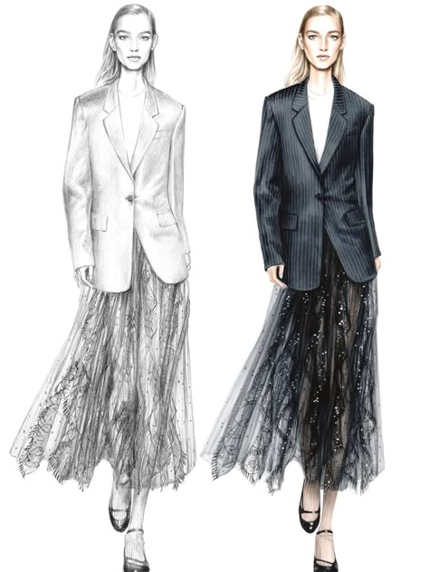 Fashion Illustration Realistic, Blazer Fashion Sketch, Fashion Pencil Drawing, Realistic Fashion Illustration, Blazer Sketch Fashion Illustrations, Lace Drawing Sketches, Fashion Illustration Pencil Sketches, Fashion Illustration Jacket, Tulle Drawing