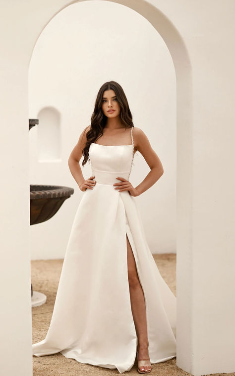 Sleek grand satin exudes the luxurious feel and design of this contemporary A-line wedding dress. Satin Wedding Dress A Line, Satin A Line Wedding Dress, Stella York Style, Straps Wedding Dress, Stella York Bridal, Wedding Fits, Stella York Wedding Dress, 2024 Inspiration, Something Blue Bridal