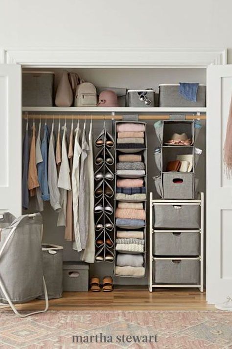 Keep your shoes neatly stacked with this soft-structured holder, which allows you to make better use of precious vertical space. #marthastewart #organization #organizationideas #declutter #tipsandadvice Dresser Alternative, Closet Organisation, Wardrobe Organisation, Closet Layout, Storage Tips, Closet Decor, Apartment Organization, Diy Closet, Clothes Storage