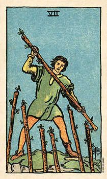 Seven Of Wands, Rider Waite Tarot Cards, Rider Waite Tarot Decks, Wands Tarot, Rider Waite Deck, Swords Tarot, Rider Waite Tarot, Tarot Card Meanings, Rider Waite