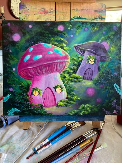 Simple Fantasy Painting Ideas, Acrylic Painting Whimsical, Magical Paintings Easy, Fairy Tale Painting Ideas, Fantasy Acrylic Painting Ideas, Fantasy Paintings Acrylic, Fairy Garden Painting Acrylic, Painting Fantasy Art Easy, Fantasy Acrylic Painting Ideas Easy