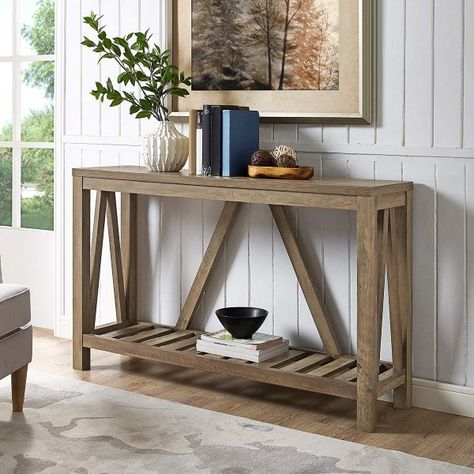 Rustic Farmhouse Style Entryway Table: Made from top-quality MDF and beautiful laminate, this entryway table gives you the look of a salvaged farmhouse heirloom at an economical price. The A-frame design and slatted lower shelf lend an authentic look for a warm rustic entryway atmosphere. Console Table Design Ideas, Home Decor Ideas Kitchen, Entry Console, Entry Console Table, Table Design Ideas, Decor Ideas Kitchen, Farmhouse Console Table, Console Table Design, Oak Console Table