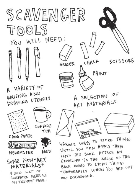 Some tools for scavenging, from Keri Smith's The Pocket Scavenger! The Wander Society, Keri Smith, Illustrated Instructions, Wreck This Journal, Ghost Hunting, Cover Book, Nature Journal, Journal Inspo, Book Store