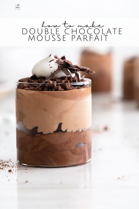 The parfait is layered with deep bittersweet chocolate mousse, crushed chocolate cookies, sweet milk chocolate mousse, more crushed chocolate cookies, light-as-air whipped cream, and final touch of thick chocolate shavings. Follow me on Pinterest for more recipes like this! Chocolate Mousse Parfait Recipe, Chocolate Mousse Parfait, Double Chocolate Mousse, Mousse Parfait, Chocolate Mousse Cups, Chocolate Parfait, Chocolate Bowls, Parfait Cups, Parfait Desserts