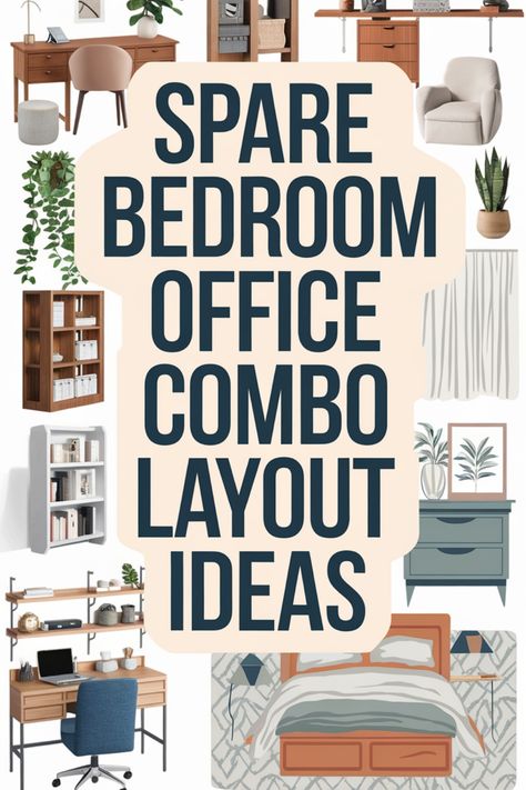 Spare bedroom office combo layout ideas with furniture and decor illustrations. Spare Bedroom Layout, Small Bedroom With Office Space, Spare Bedroom Office Combo, Bedroom Office Combo Layout, Home Office Spare Bedroom, Guest Bedroom And Office, Bedroom Office Combo, Office Interior Ideas, Spare Bedroom Office