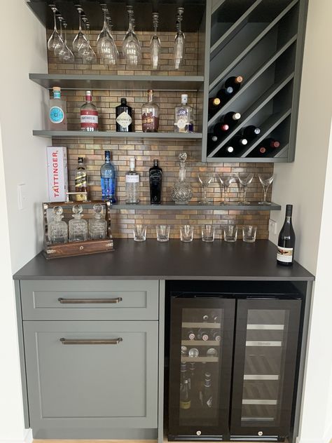 Mudroom Bar Ideas, Industrial Dry Bar, Dry Bar Next To Fireplace, Bar Cubby Ideas, Dry Bar Ideas Small Living Room, Wet Bar Wine Storage, Closet Converted To Bar, Small Bars For Home Ideas, Bar Area In Dining Room