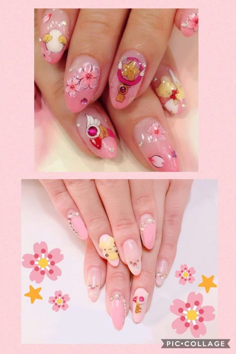 Cardcaptors nails Cardcaptor Sakura Nail Art, Cardcaptor Sakura Nails, Sakura Nails, Nail Cartoon, Pretty Nail Designs Acrylics, Sailor Moon Nails, New Year Nails, New Years Nail Art, Nails Flower