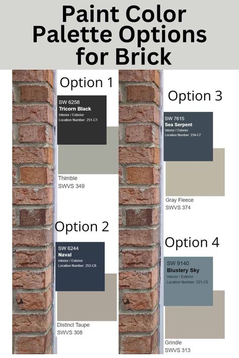 10 exterior paint colors for brick homes. Whether these colors are used on the exterior trim, front doors, shutters, or siding, they all compliment the colors and tones of red brick. #brick #paintcolors #exterior #painting Outside Trim Colors With Brick, Brown Brick Paint Colors, Orange Brick Shutter Colors, Brown Brick House Shutter Colors, Shutters For Brick House Ranch Style, Brick House With Painted Trim, Painting Outside House Ideas, Exterior Paint Red Brick, Shutter Colors On Red Brick House