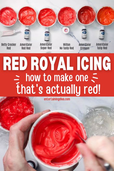 This red royal icing recipe is awesome! It shows you the difference between Tulip Red, Red Red, No Taste Red and Crimson Red frosting. So you can tell which food coloring to use when you're decorating sugar cookies. Red Royal Icing, Globe Cookies, Decorating Sugar Cookies, Royal Frosting, Holiday Sugar Cookies, Valentine Sugar Cookies, How To Make Red, Frosting Colors, Jello Shot