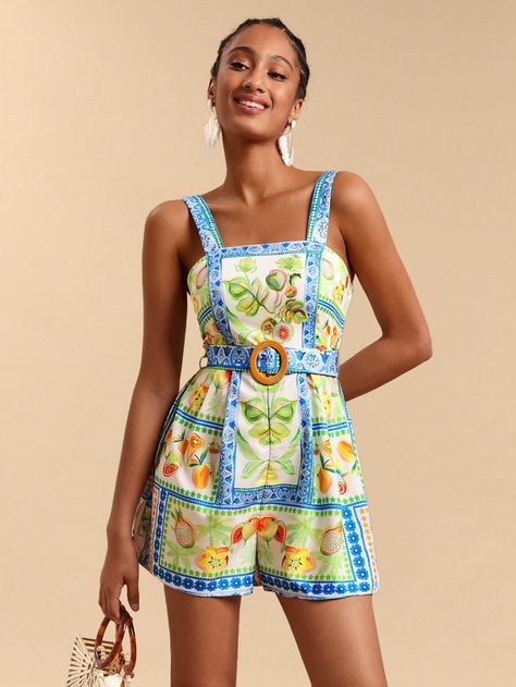 Women's Tropical Plant Print Pleated Casual Jumpsuit/Romper Multicolor Boho  Sleeveless Woven Fabric Floral,Tribal,Plants,All Over Print Other Non-Stretch  Women Clothing, size features are:Bust: ,Length: ,Sleeve Length: Casual Jumpsuit, Plant Print, Fabric Floral, Tropical Plants, Jumpsuits For Women, All Over Print, Woven Fabric, Women Clothing, Jumpsuit Romper