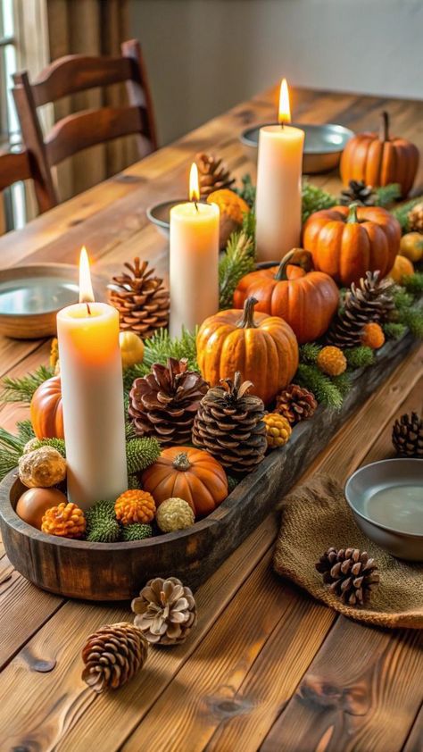 Pumpkins And Pinecones Fall Decorating, Pinecones Centerpiece, Centerpiece With Candles, Pumpkin Table Centerpiece, Fall Table Centerpieces, Tafel Decor, Fall Thanksgiving Decor, Fall Deco, Thanksgiving Table Settings