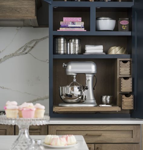 A custom larder was crafted to create the perfect baking center. Featuring Dura Supreme's Morel stain on Hickory and Gale Force Personal Paint Match finish. Stained Hickory Cabinets, Baking Center, Baking Station, Roll Out Shelves, Hickory Cabinets, Kitchen Gear, Kitchen Stories, Kitchen Cabinet Storage, Pantry Design