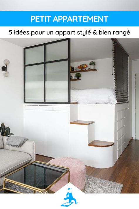 Studio 15 à 20 m2 : 5 idées pour un appart stylé & bien rangé #studio #appartement #petit #rangement #style #deco #decoration #astuces #conseils #tendances #ideesdeco Microapartments Ideas, Studio Mezzanine, Mezzanine Bedroom Ideas, Gömda Rum, Mezzanine Studio, House Budget, Loft Bed Plans, Bed In Closet Aesthetic, Mini Apartments