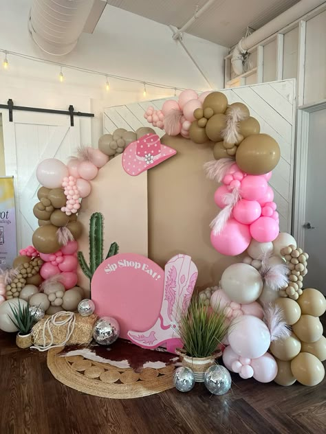 #cowboy #cowgirl #tennessee #backdrop Cowgirl Backdrop Western Theme, Vintage Cowgirl Birthday Party, Cowgirl Pink Party Ideas, 21st Rodeo Party, Pink Country Birthday Party, Cowgirl Birthday Table Decor, 1st Rodeo Decorations, Cowgirl Balloon Bouquet, Pink Cowgirl Bday Party