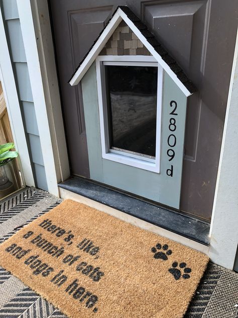 Pet Friendly Front Door, Dog Door Decor, Doggie Door Awning, Dog Door In Window, Creative Dog Door Ideas, Doggy Door Ideas Large Dogs, Diy Dog Door In Wall, Doggie Door Ideas Large Dogs, Dog Door In Door