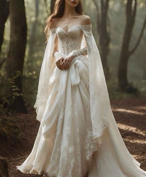 Elfish Wedding Dresses, 1600s Wedding Dress, Long Sleeve Fairy Wedding Dress, Fantasy Wedding Dress Aesthetic, Rennaisance Wedding Gown, Witchy Wedding Dress White, Fae Wedding Dress Fairy Queen, Enchanted Forest Wedding Dress Fairytale, Vintage Aesthetic Wedding Dress