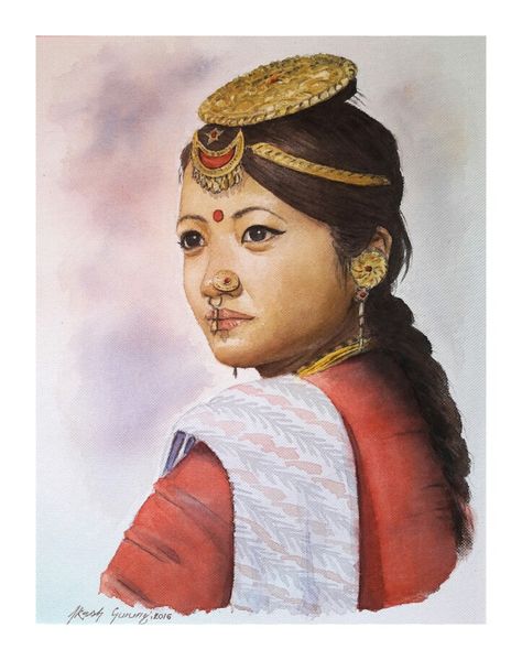 Watercolor portrait of a Limbu girl #watercolor #portrait #limbu #painting #nepal #ethnic #culture #akashgurung Nepali Painting, Nepal Art, Nepal Culture, South Asian Art, Buddha Art Painting, 3d Art Drawing, Dress Painting, Beautiful Art Paintings, Graphic Poster Art