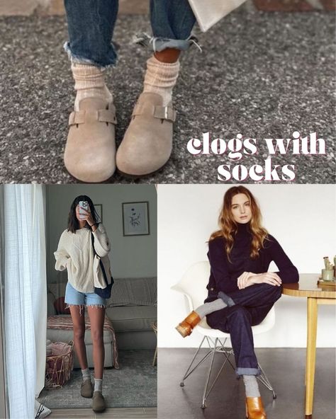 Clogs Outfit Summer Street Style, Boston Clogs Socks, How To Wear Clogs With Jeans 2023, Boston Clogs With Socks Outfit, Birkenstock Clogs Socks, Socks For Birkenstock Clogs, How To Style Clogs With Socks, Clogs Spring Outfit, Jeans And Boston Clogs