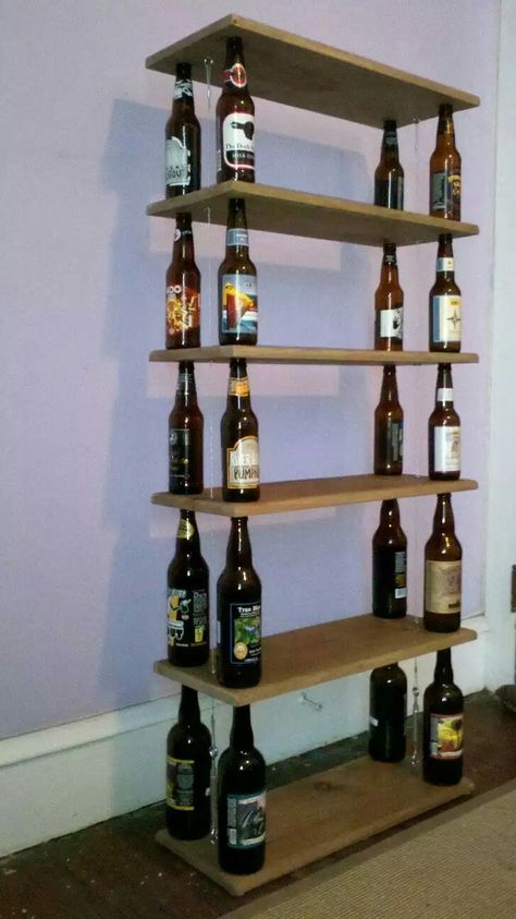 Liquor Bottle Shelves, Beer Bottle Decoration Ideas, Bottle Display Ideas, Beer Bottle Decor, Painted Flower Vase, Bottle Lantern, Empty Liquor Bottles, Wine Bottle Planter, Liquor Storage