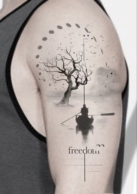 Man In Boat Tattoo, Freedom Tattoo Ideas Men, Symbol Of Freedom Tattoo Ideas, Mens Tatoos Ideas Arm, Boat Tattoo Men, Freedom Tattoo Men, Boat Tattoo Design, Freedom Tattoo Ideas, Tattoos Freedom