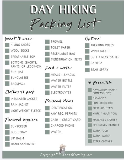 Day Trip Essentials Packing Lists, Packing List For Vacation Mountains, Packing List For The Mountains, Colorado Hiking Packing List, Day Hike Checklist, Hiking Needs List, Packing For Mountain Trip, Hiking Day Pack List, What To Pack For Hiking Day Trip