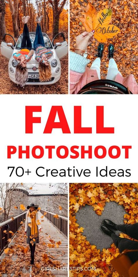 Fun Fall Pictures Photo Ideas, Simple Fall Photoshoot Outfits, Best Fall Photoshoot Ideas, Creative Diy Photoshoot Ideas, Creative Autumn Photography Ideas, Fall Color Photoshoot Ideas, Fall Diy Photoshoot, Creative Fall Photoshoot Ideas, Outside Fall Photoshoot Ideas