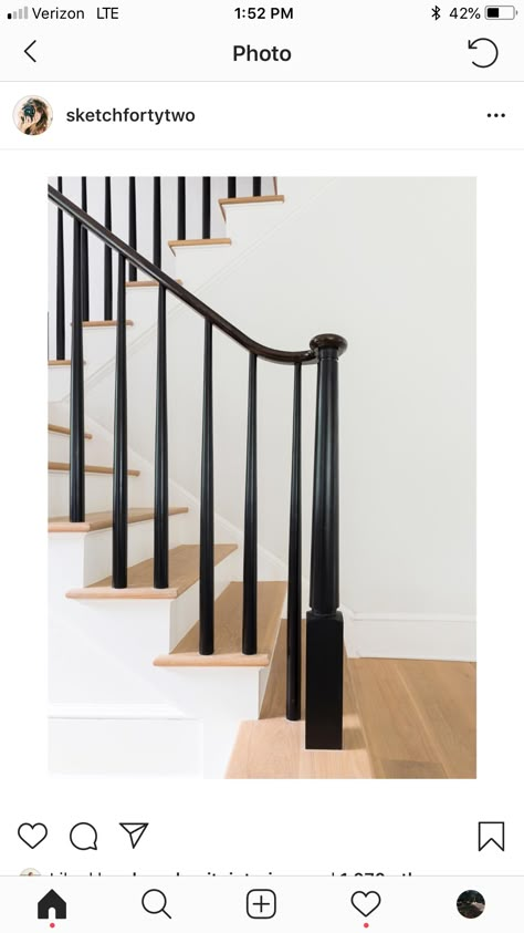 Black Wooden Banister, Foyer Floors, Wooden Staircase Railing, Hallway Stairs And Landing, Black Stair Railing, Wood Railings For Stairs, Entry Dining Room, Loft Railing, Black Staircase