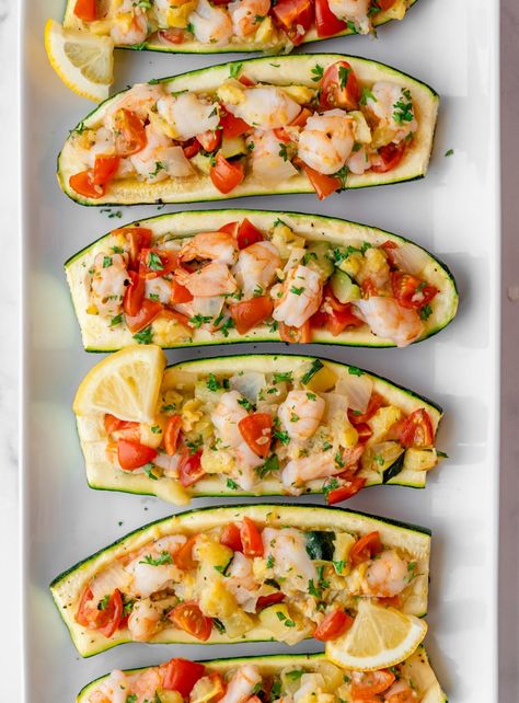 These gluten-free, low-carb Shrimp Scampi Zucchini Boats are stuffed with plump shrimp, lots of garlic, and juicy tomatoes. A healthy, lightened-up version of an Italian classic that the whole family will love! Stuffed Zucchini Boats Healthy, Zucchini Boats Healthy, Healthy Shrimp Scampi, Healthy Shrimp Recipes, Shrimp Zucchini, Zucchini Boat Recipes, Shrimp Stuffed, Stuffed Zucchini Boats, Easy Comfort Food Recipes