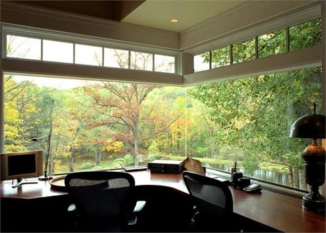 Office With A View, Home Office Layouts, Green Windows, Karma Yoga, Backyard Office, H Design, Lake Cottage, Remote Workers, Modern Home Office