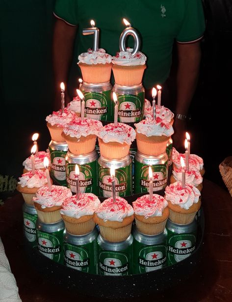 Beer Tower Cake #Heineken #MenBirthdayParty How To Make Beer Cake Tower, Birthday Beer Tower, Diy Beer Cake With Cans, Heineken Birthday Cake, Heineken Birthday Party Ideas, Birthday Cake Beer Theme, Beer Cake Tower Diy, Heineken Cakes For Men, Beer Can Cake Tower