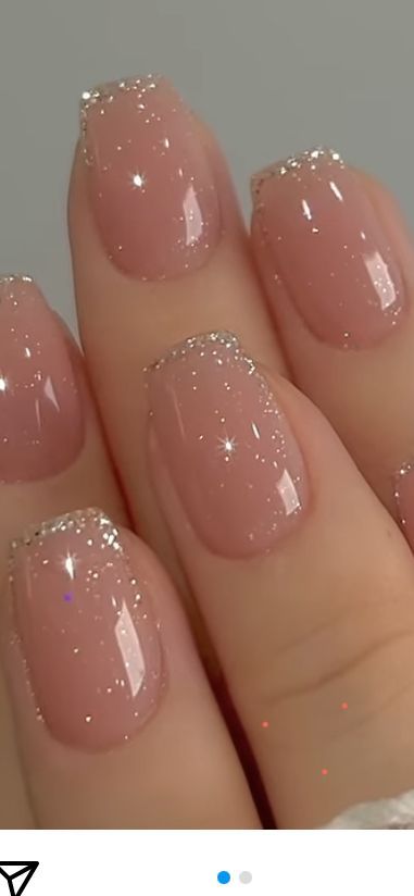 Holiday Nails Classy Elegant, Pretty Ombre Nails Sparkle, Classy Bridesmaid Nails, Holiday French Manicure, Simple Holiday Nails Short, Glittery French Tip Nails, Nude Shimmer Nails, Elegant Holiday Nails, Nude Sparkly Nails