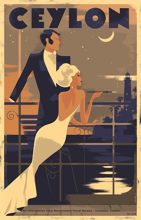 Ceylon - Galle by Mads Berg Art Deco Posters Illustrations, Gatsby Design, Mads Berg, Arte Art Deco, Galle Fort, Art Deco Travel Posters, Art Deco Advertising, Art Deco Illustrations, Poster Art Deco