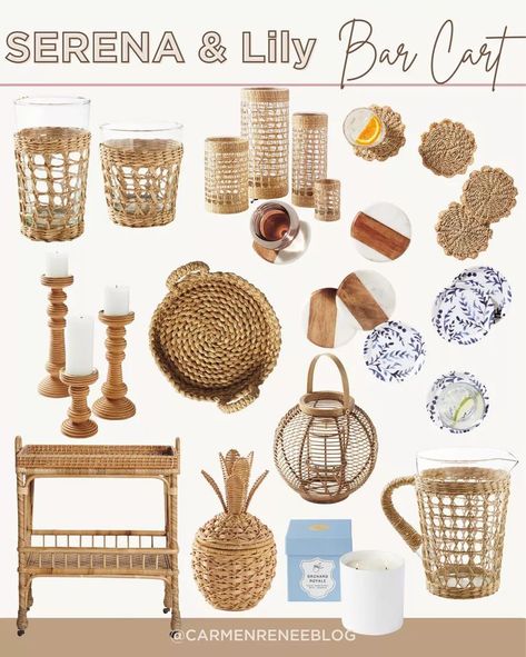 Serena and Lily bar cart! Bar cart accessories, bar cart decor, woven tray, coasters, glasses, pitcher, bar cart, lantern, candle, vases #LTKSeasonal#LTKhome#LTKstyletip Rattan Bar Cart Styling, Light Wood Bar Cart, Beachy Bar Carts, Serena And Lily Bar Cart, Coasters Glasses, Wicker Bar Cart Overstock, Candle Vases, Hosting Decor, Cart Bar